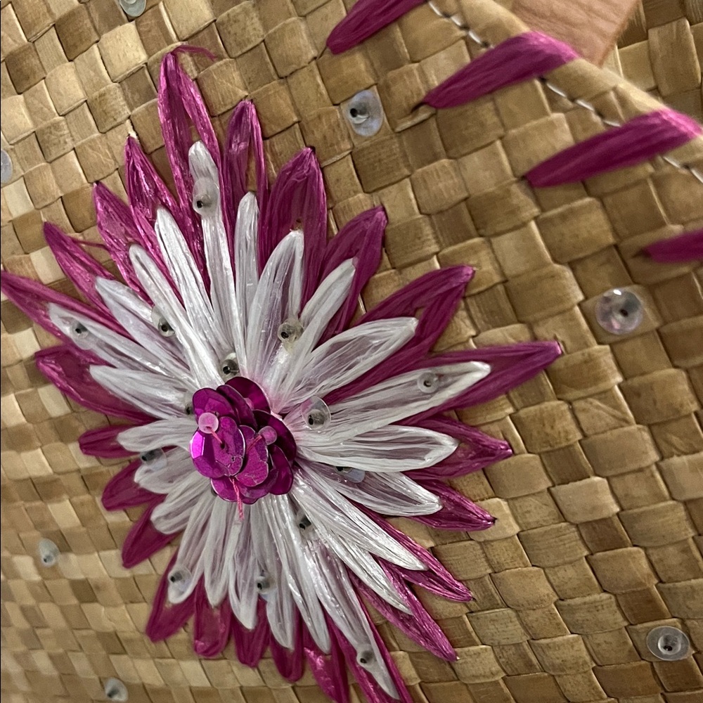 Floral Woven Tote Bag - Tan and Pink - Picture 2 of 11